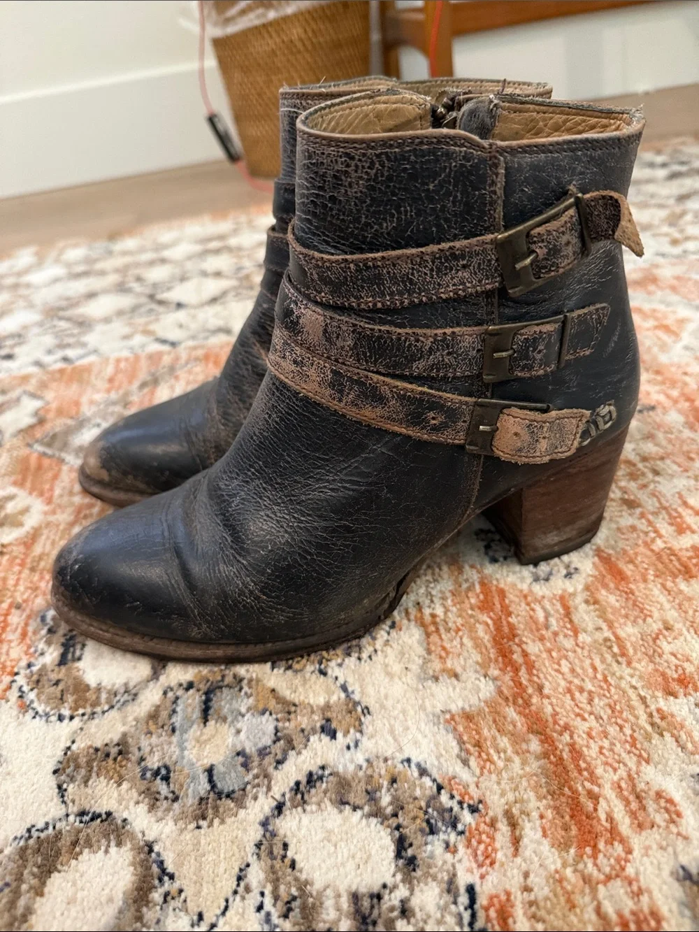 Bed Stu Black Distressed Leather Triple-Strap Ankle Moto Booties 8.5